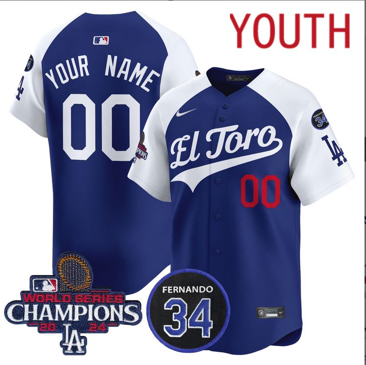 Youth MLB Los Angeles Dodgers Custom blue 2024 World Series Champions Patch Cooperstown Jersey